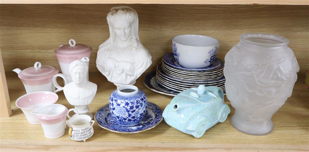 A quantity of mixed ceramics and glass including two Victorian parian portrait busts, Shelly part tea service, Booths Real Old Willow b